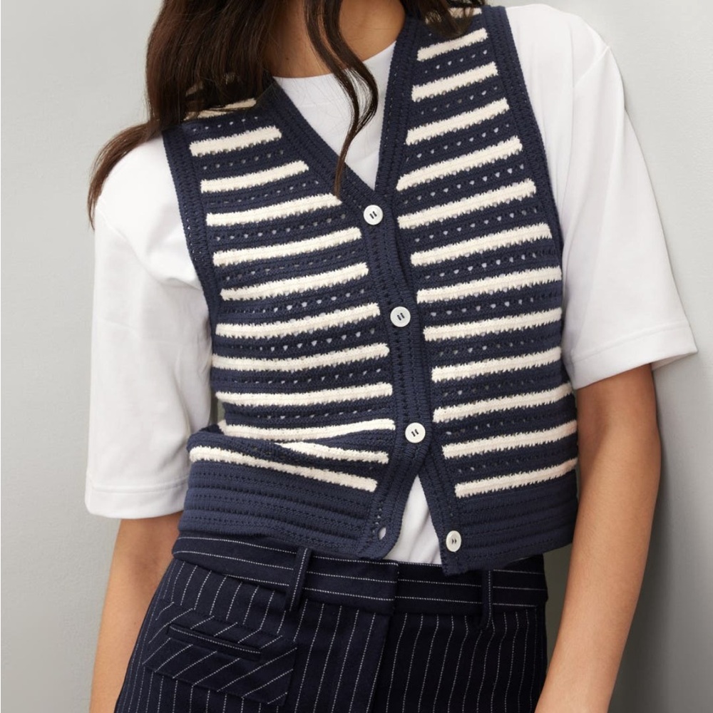 DUNST Navy and White Striped Crochet Vest